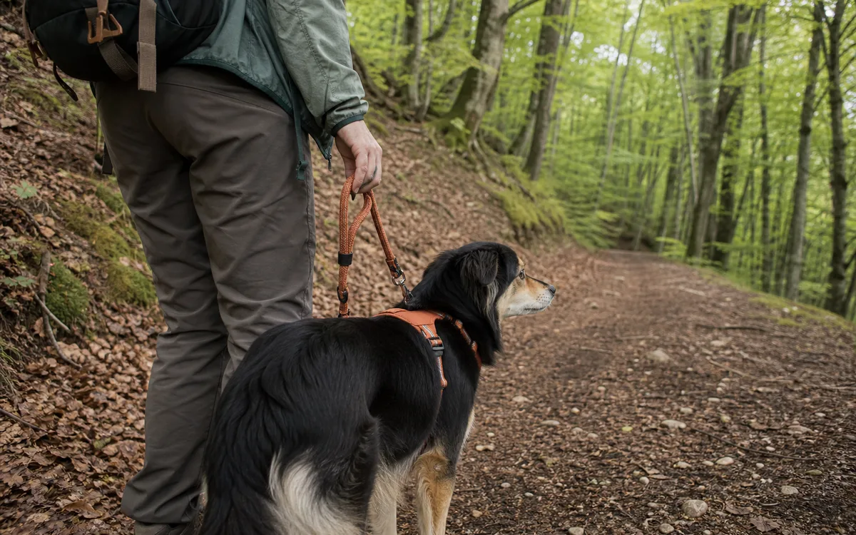 Camminatore che tiene vicino al guinzaglio il proprio cane su un sentiero nel bosco