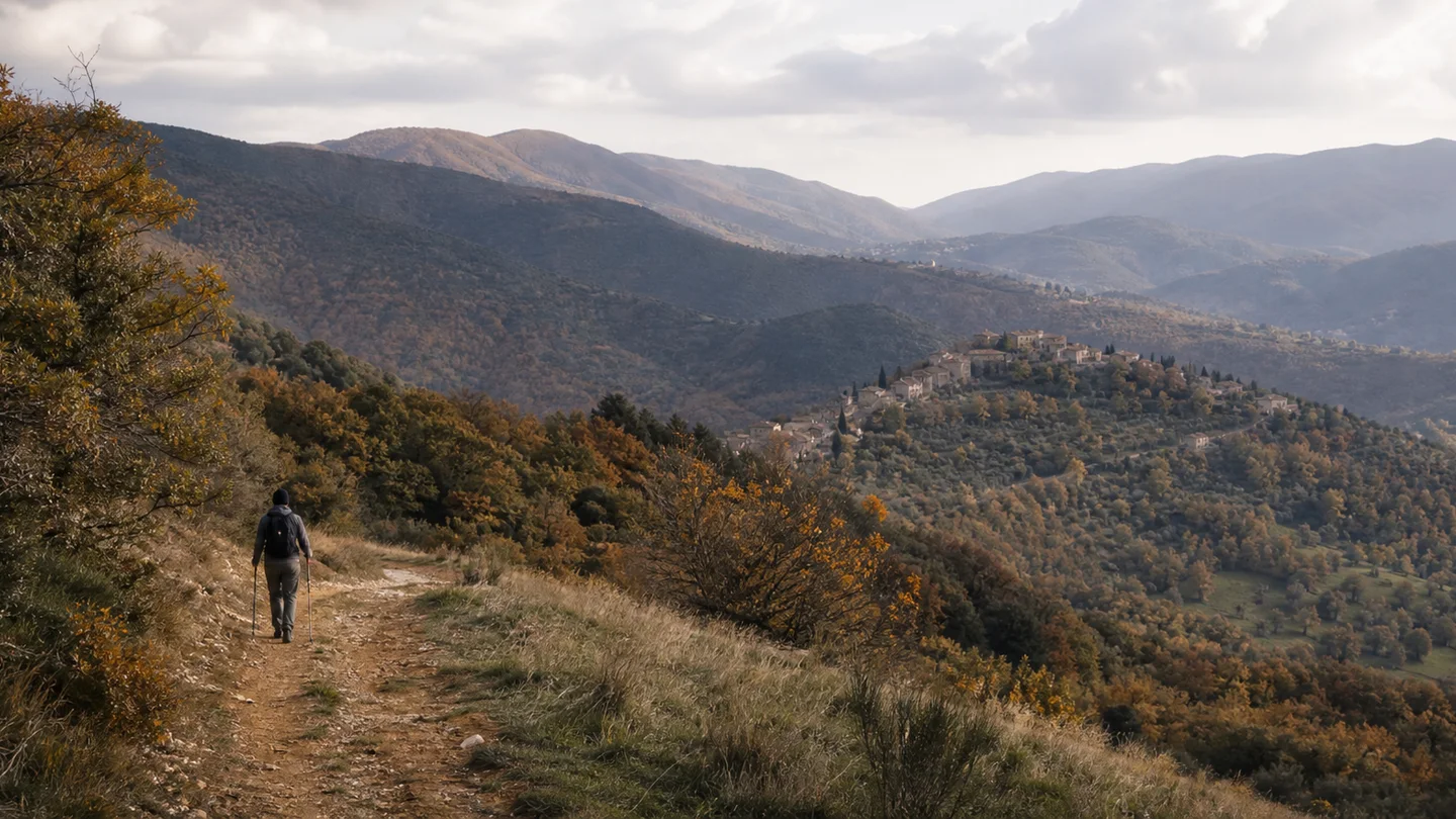 Camminatore su un sentiero appenninico tra colline e boschi con i colori di ottobre