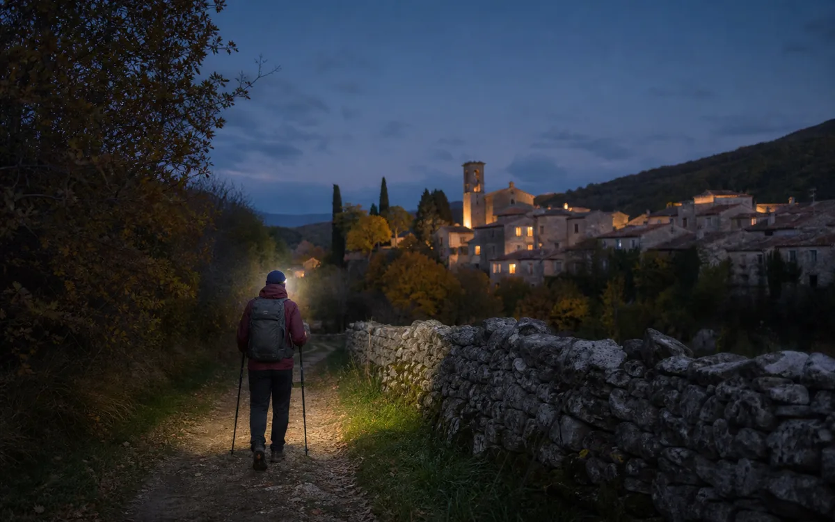 Camminatore con lampada frontale verso un borgo italiano al crepuscolo