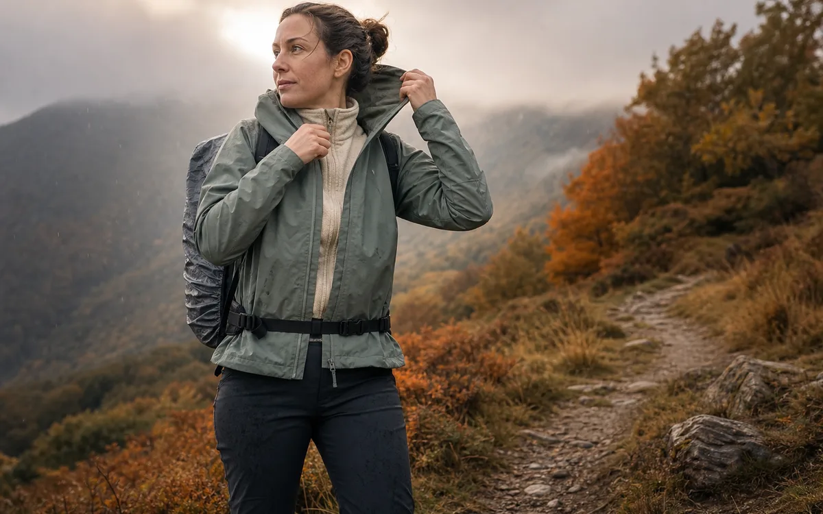 Camminatrice che indossa un guscio antipioggia su un sentiero autunnale