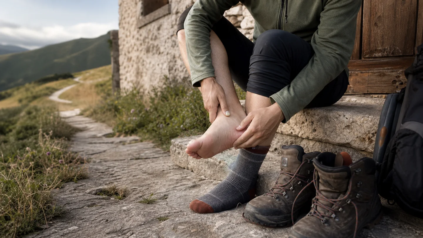 Camminatore che controlla il tallone dopo una tappa, davanti a un rifugio