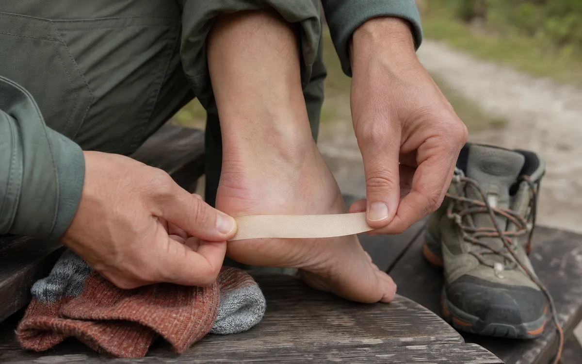 Camminatore che applica una striscia liscia di tape sul tallone leggermente arrossato