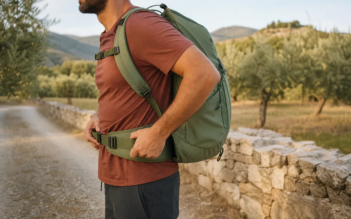 Camminatore che regola la cintura ventrale di uno zaino compatto su un sentiero