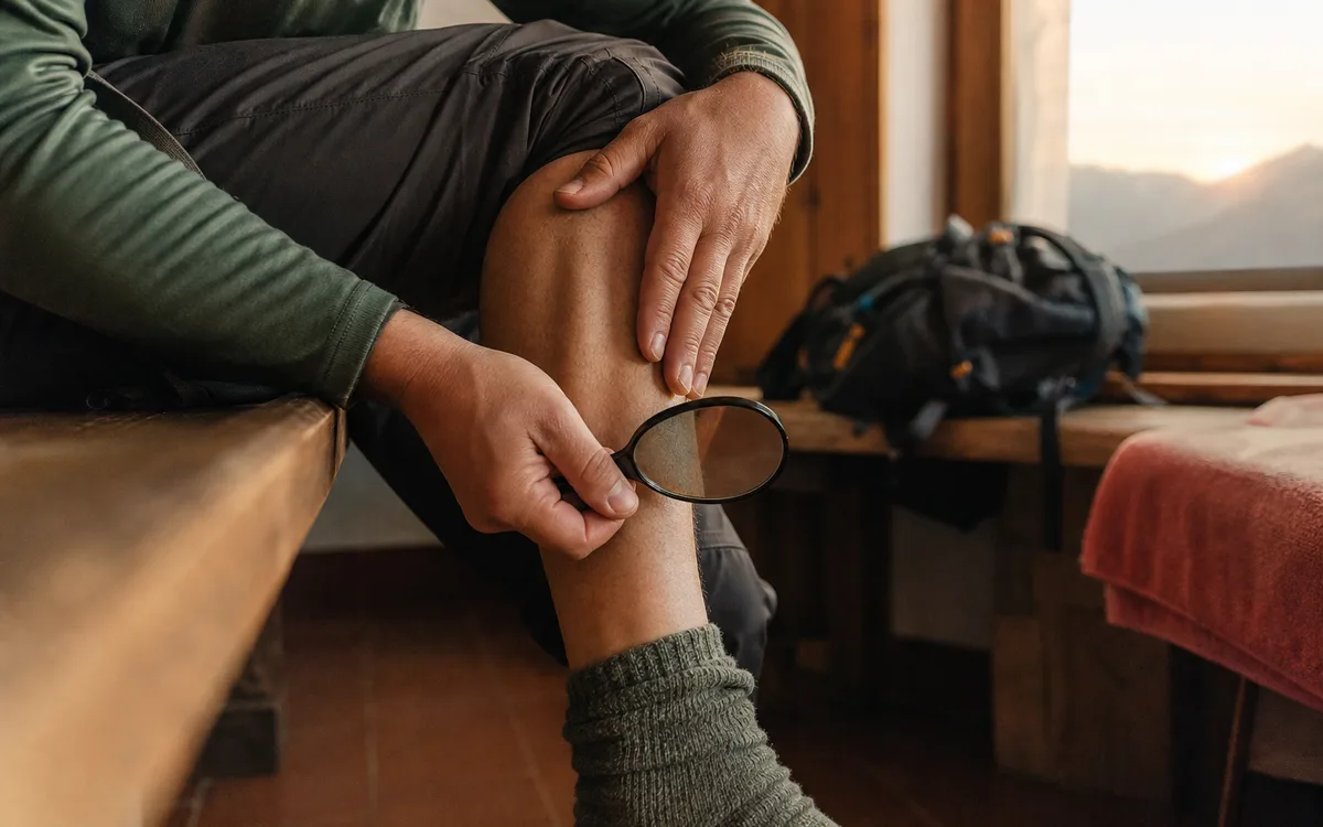 Camminatore che controlla con uno specchio la pelle dietro al ginocchio al termine della tappa